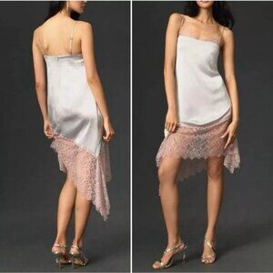 by Anthropologie women’s size 6 Lace-Trimmed Dress Grey pink Silky Cami zip New